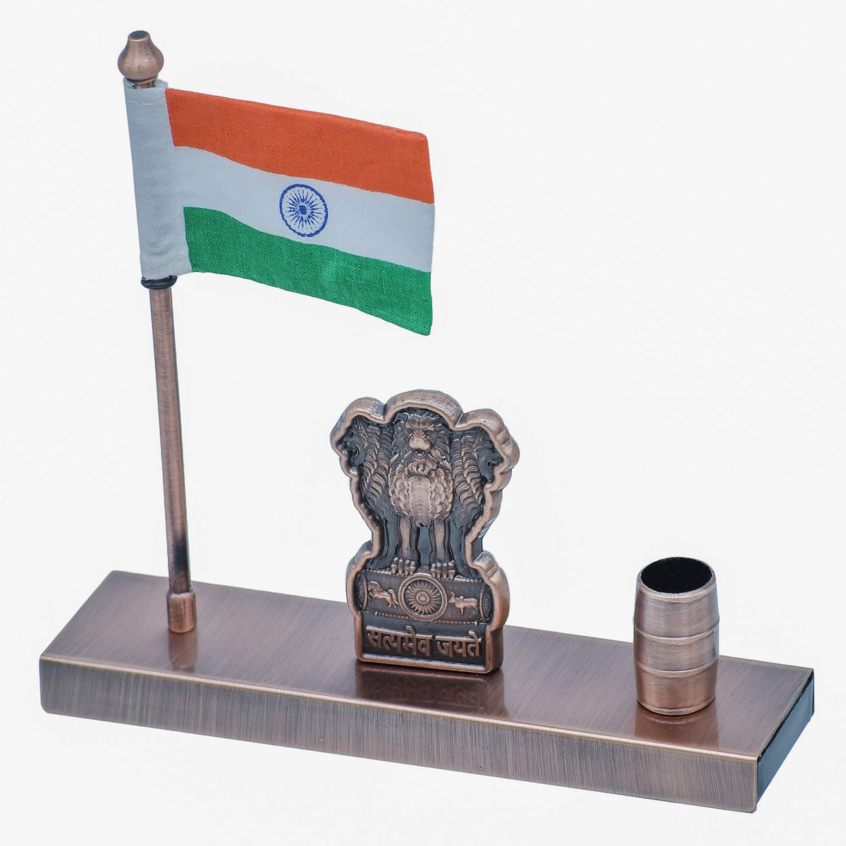 Metal Ashoka Stambh With Flag Pen Holder Copper view 2