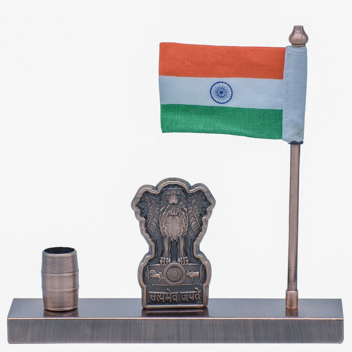 Metal Ashoka Stambh With Flag Pen Holder Copper view 3