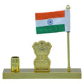 Metal Ashoka Stambh With Flag Pen Holder Gold