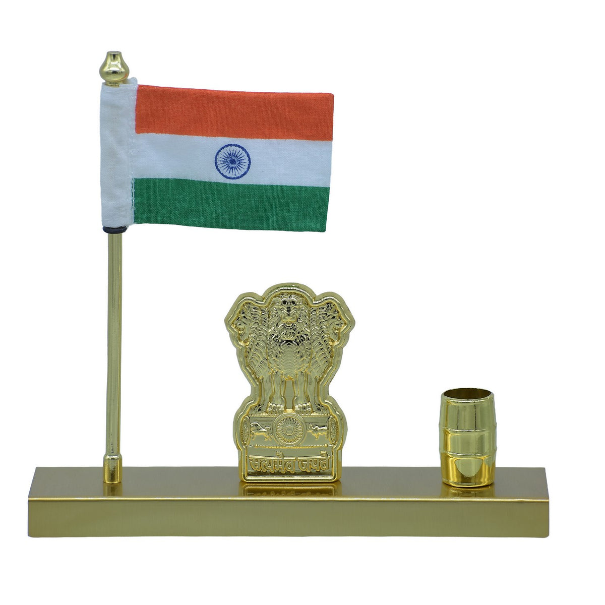 Metal Ashoka Stambh With Flag Pen Holder Gold view 3