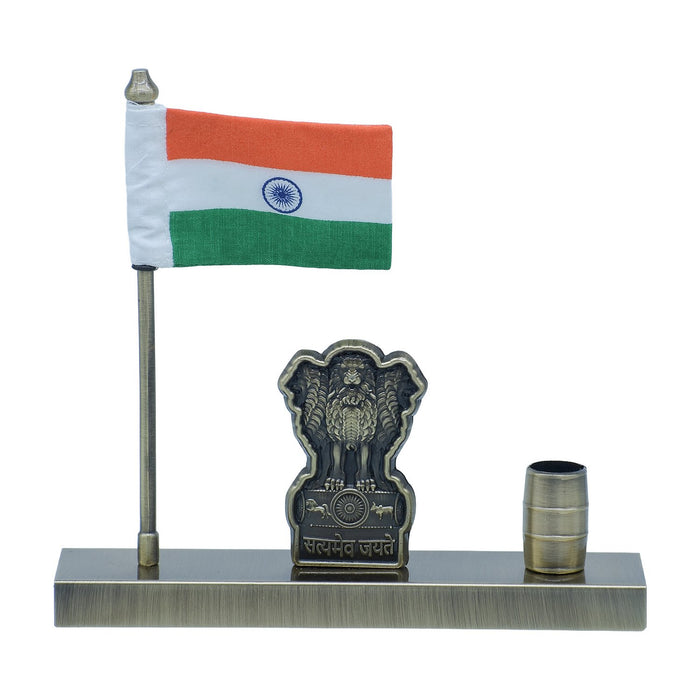 Metal Ashoka Stambh With Flag Pen Holder Mehndi – Desk Pen Holder for Office