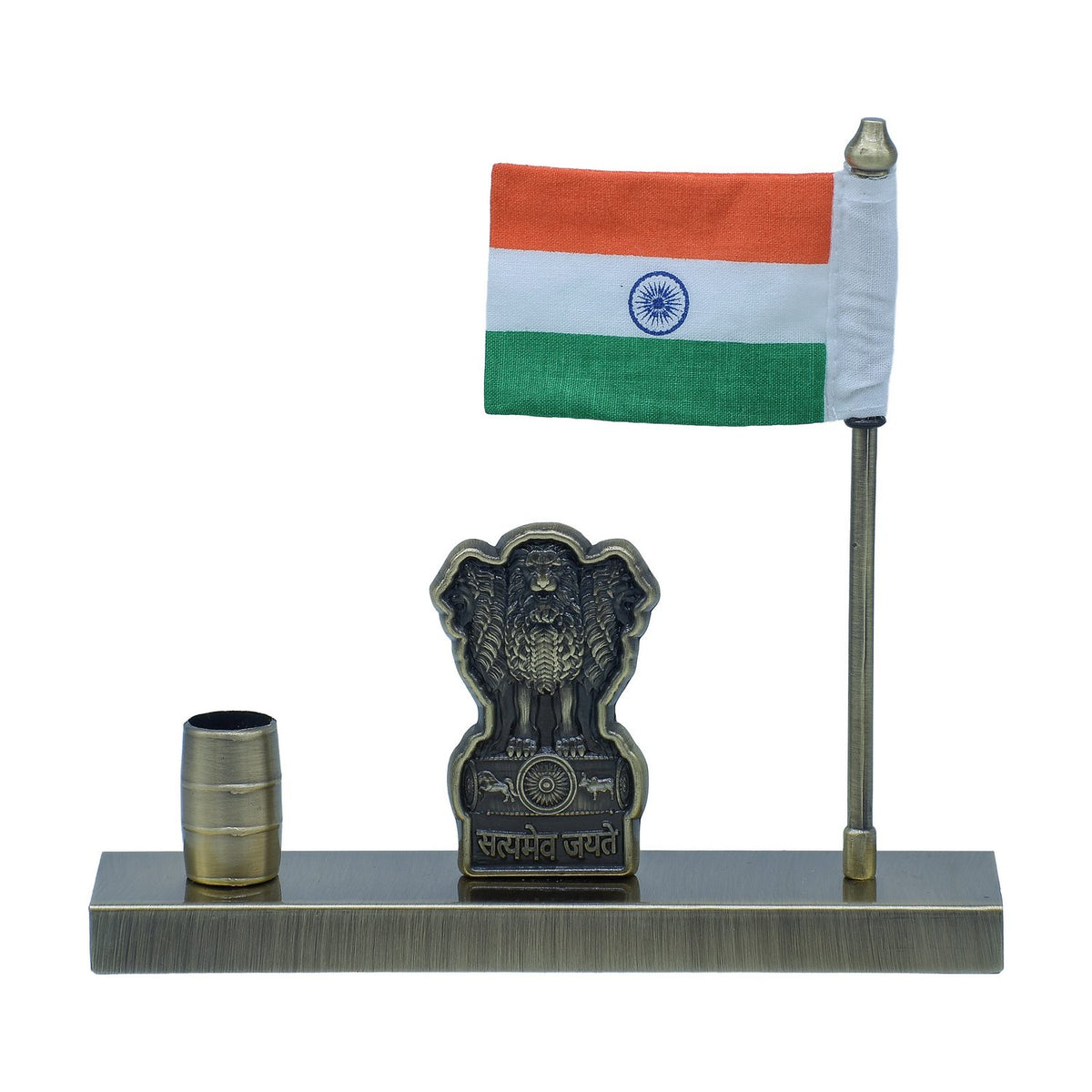 Metal Ashoka Stambh With Flag Pen Holder Mehndi view 3