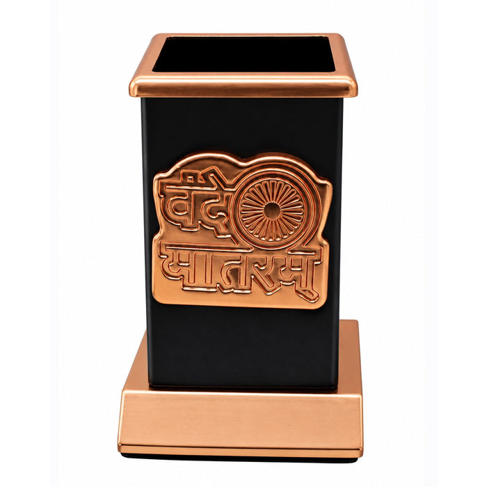 Table Top Pen Stand Gold Vande Mataram Logo Copper – Desk Pen Holder for Office