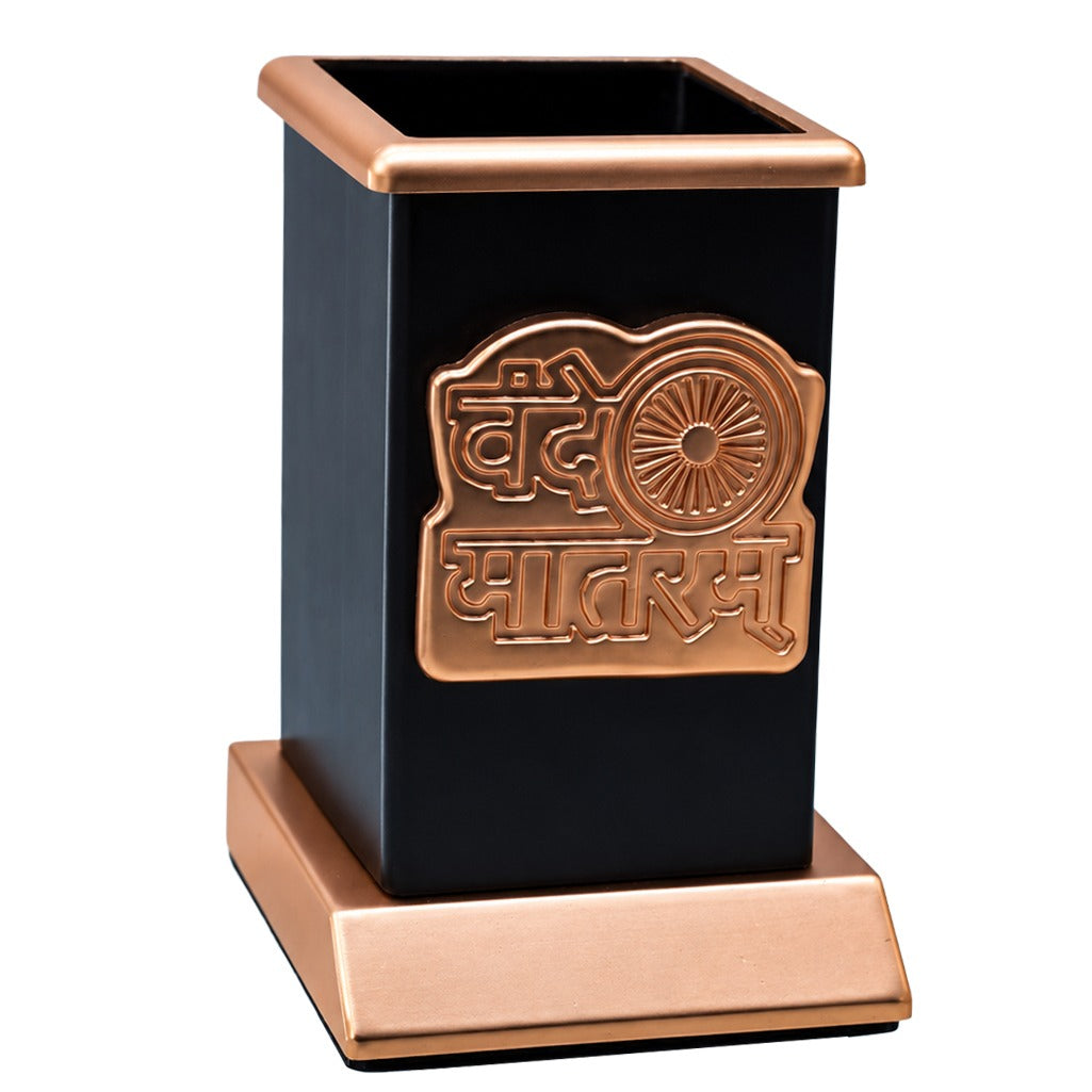 Table Top Pen Stand Gold Vande Mataram Logo Copper view 2