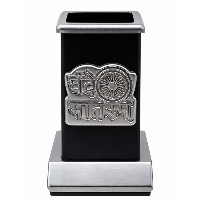 Table Top Pen Stand Gold Vande Mataram Logo Silver – Desk Pen Holder for Office
