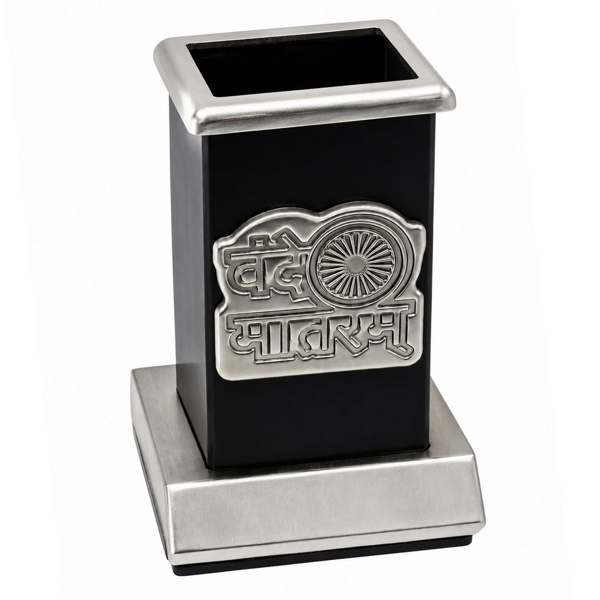 Table Top Pen Stand Gold Vande Mataram Logo Silver view 2