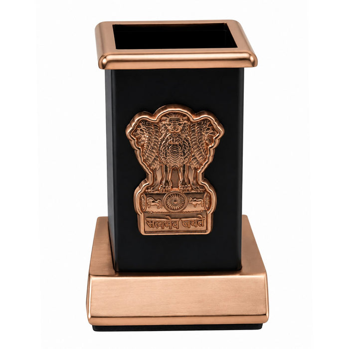 Table Top Pen Stand Satyameva Jayate Logo Copper – Desk Pen Holder for Office