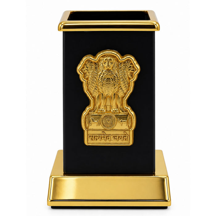 Table Top Pen Stand Satyameva Jayate Logo Gold – Desk Pen Holder for Office