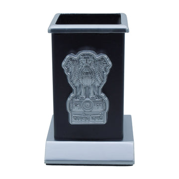 Table Top Pen Stand Satyameva Jayate Logo Silver