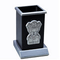 Table Top Pen Stand Satyameva Jayate Logo Silver view 2