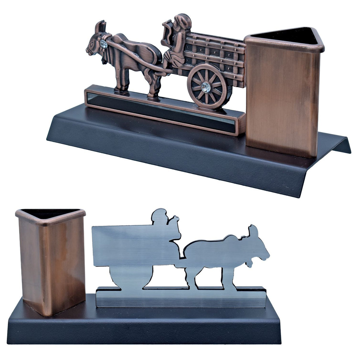 Table Top Pen Stand Bullock Cart With Base Copper view 2