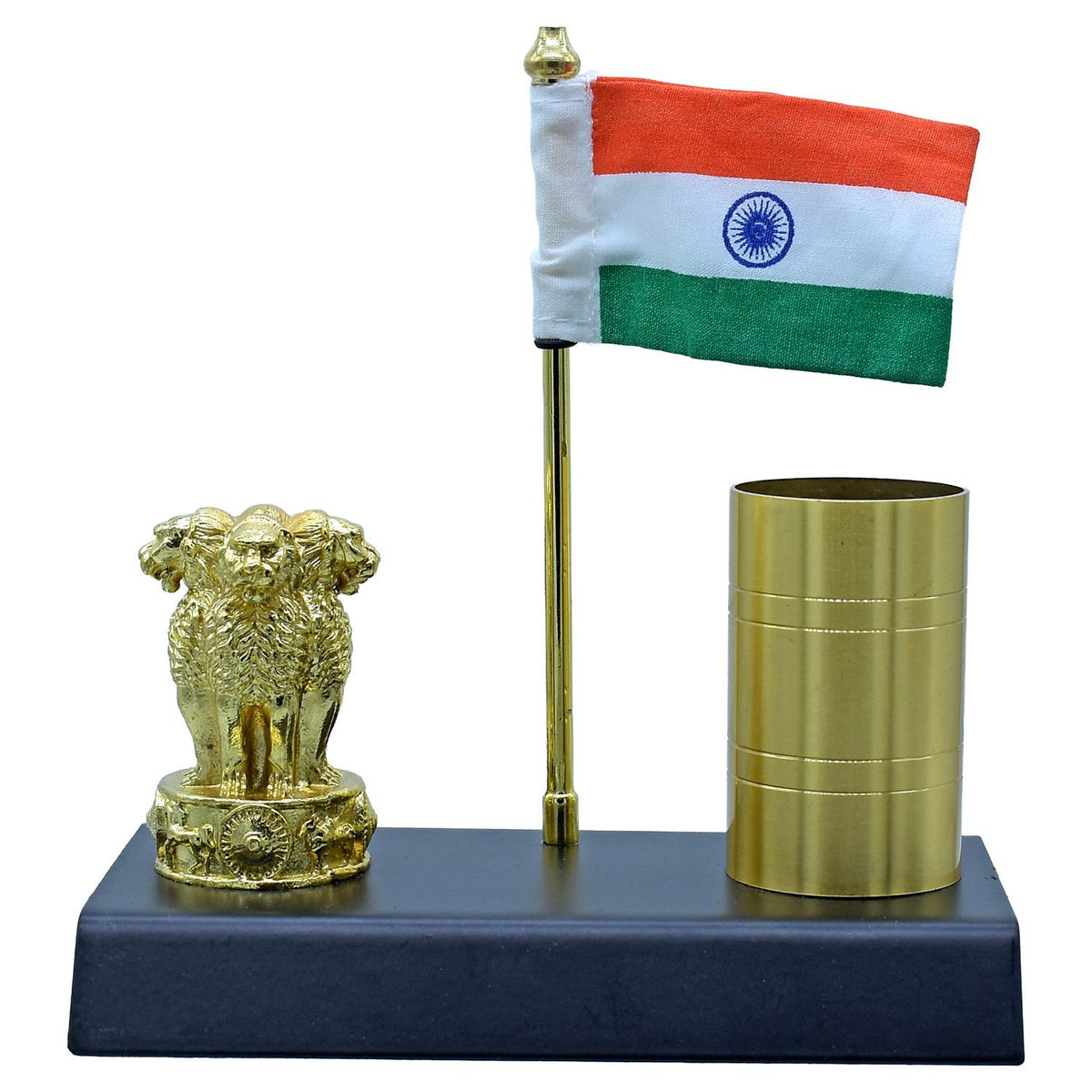Pen Stand Gold With Flag With Ashoka Stambh