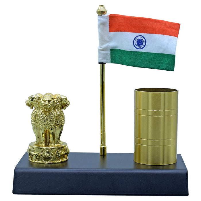 Pen Stand Gold With Flag With Ashoka Stambh – Desk Pen Holder for Office