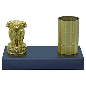 Pen Stand Gold With Wooden Base Ashoka Stambh