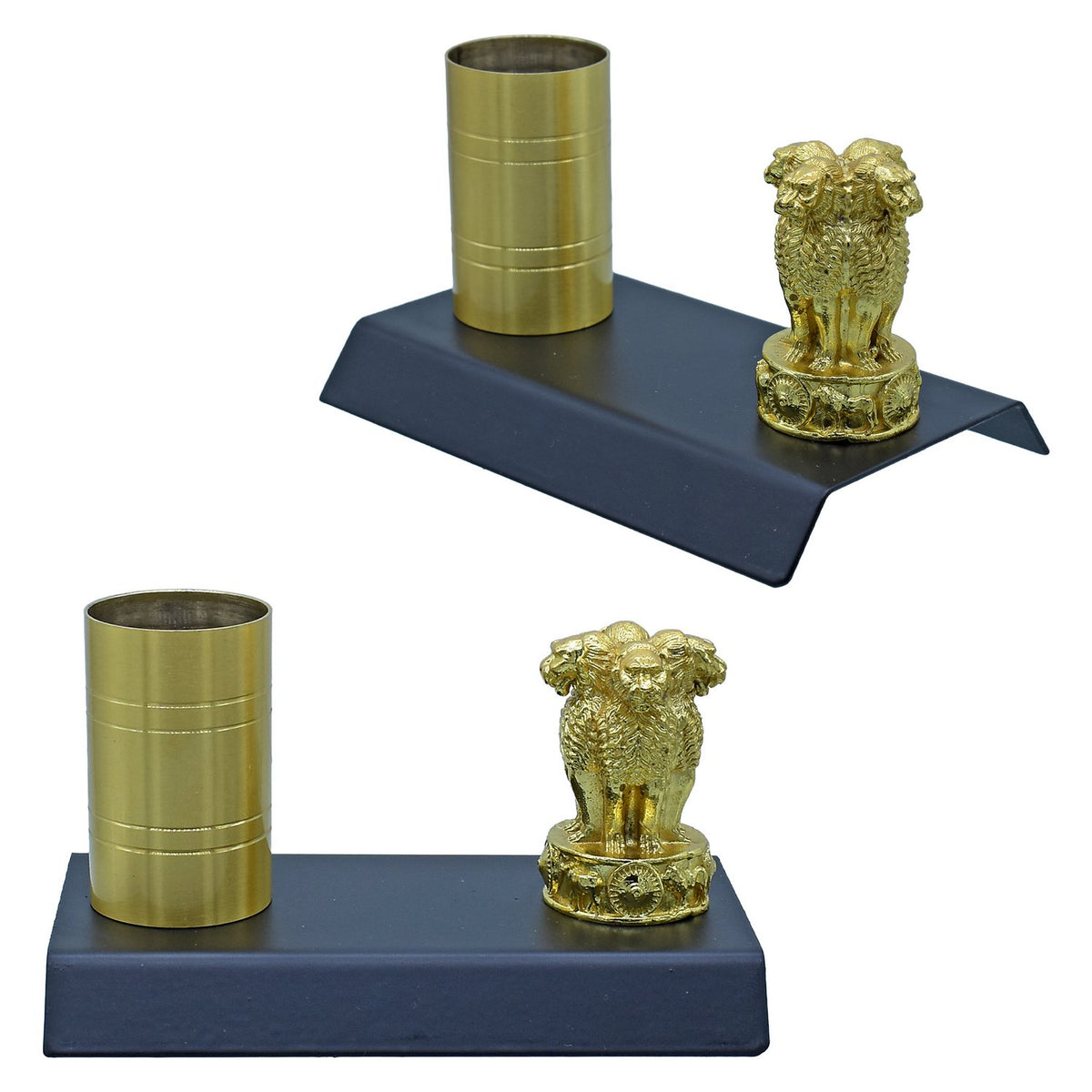 Pen Stand Gold With Wooden Base Ashoka Stambh view 2