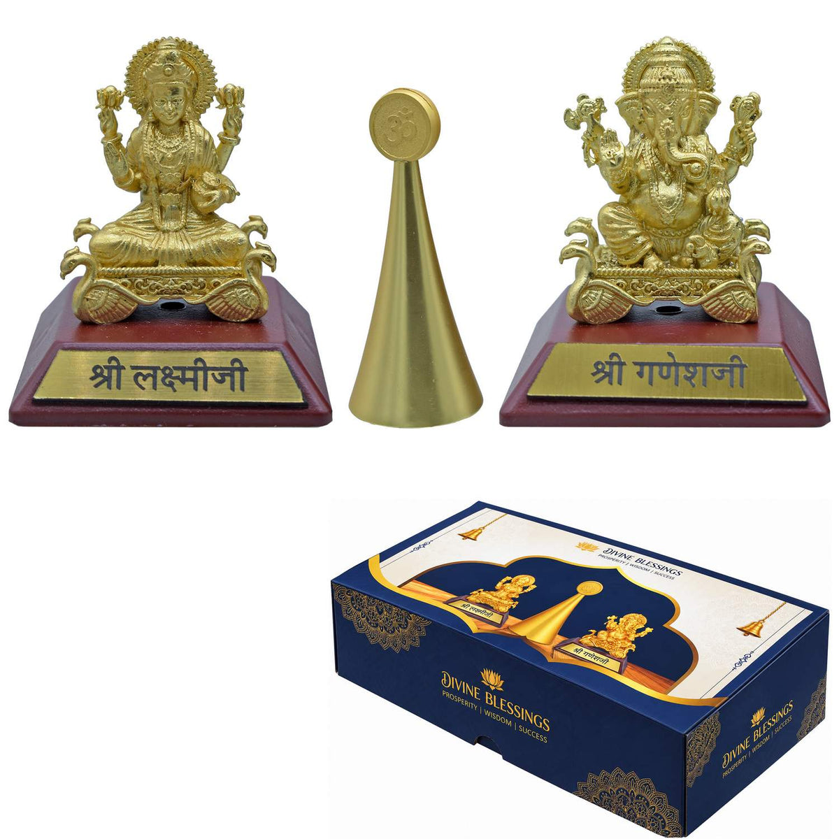 Table Top Gold Wooden Base Bell Laxmi Ji With Ganesh
