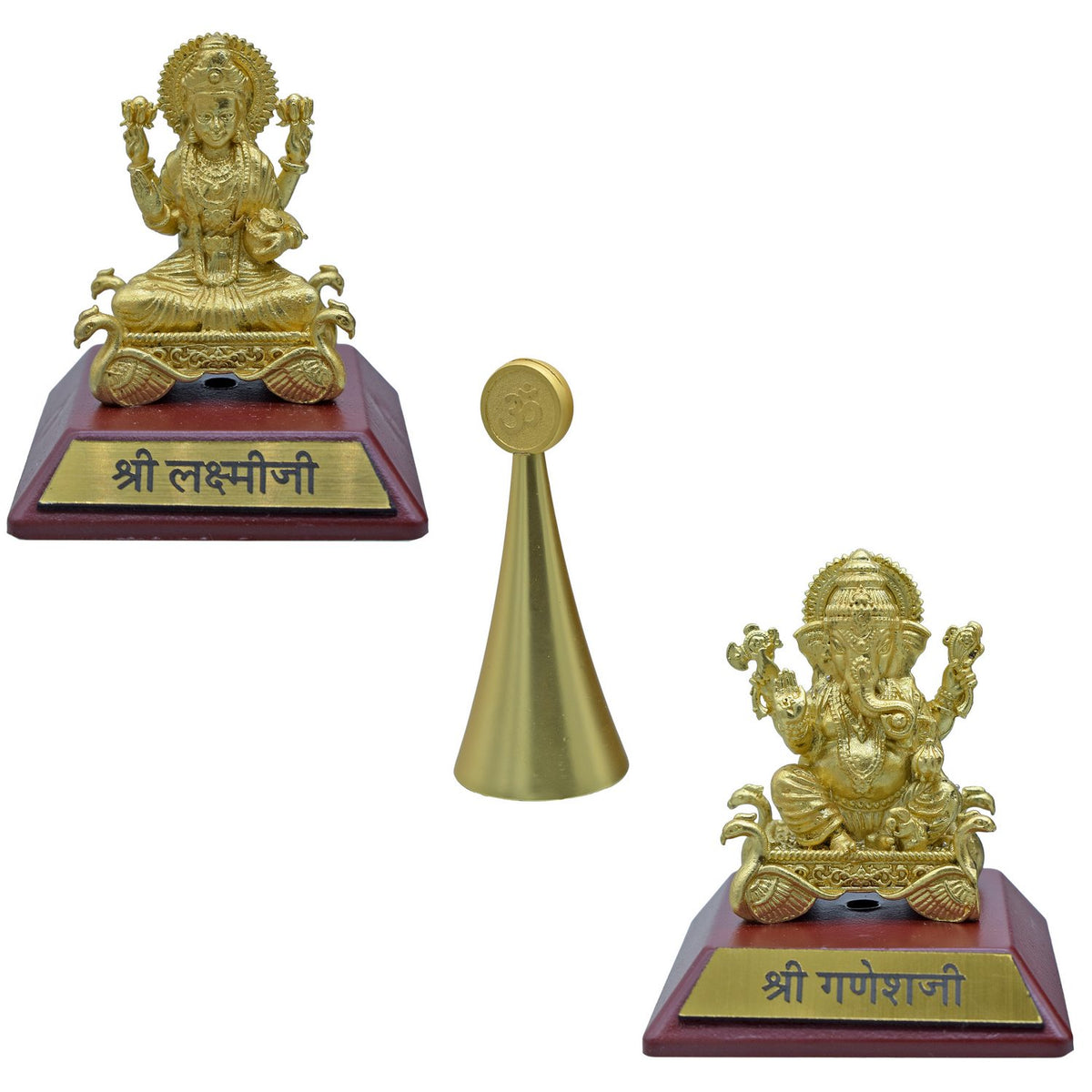Table Top Gold Wooden Base Bell Laxmi Ji With Ganesh view 2