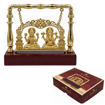 Table Top Gold Wooden Base Jhula Laxmi Ji With Ganesh