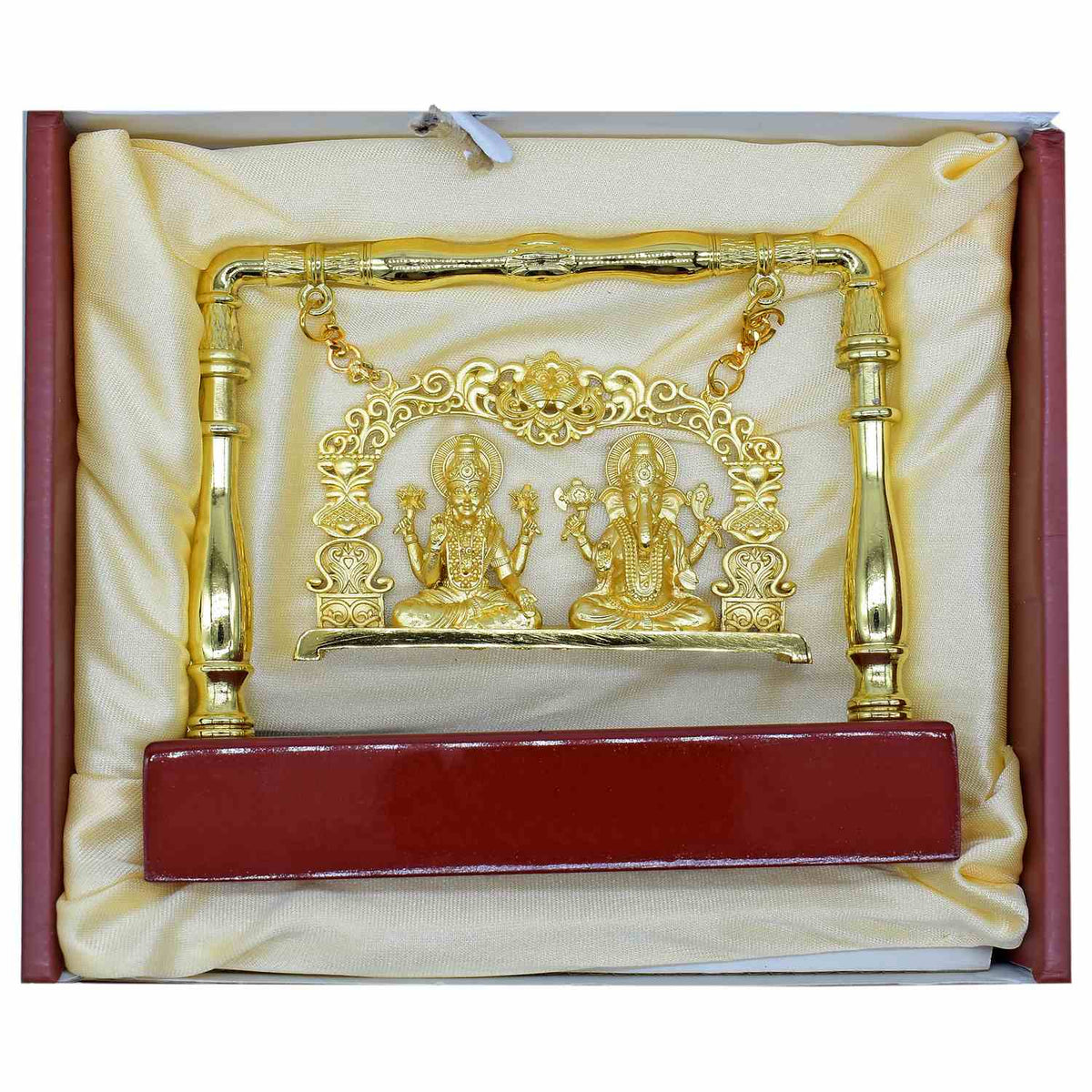 Table Top Gold Wooden Base Jhula Laxmi Ji With Ganesh view 2