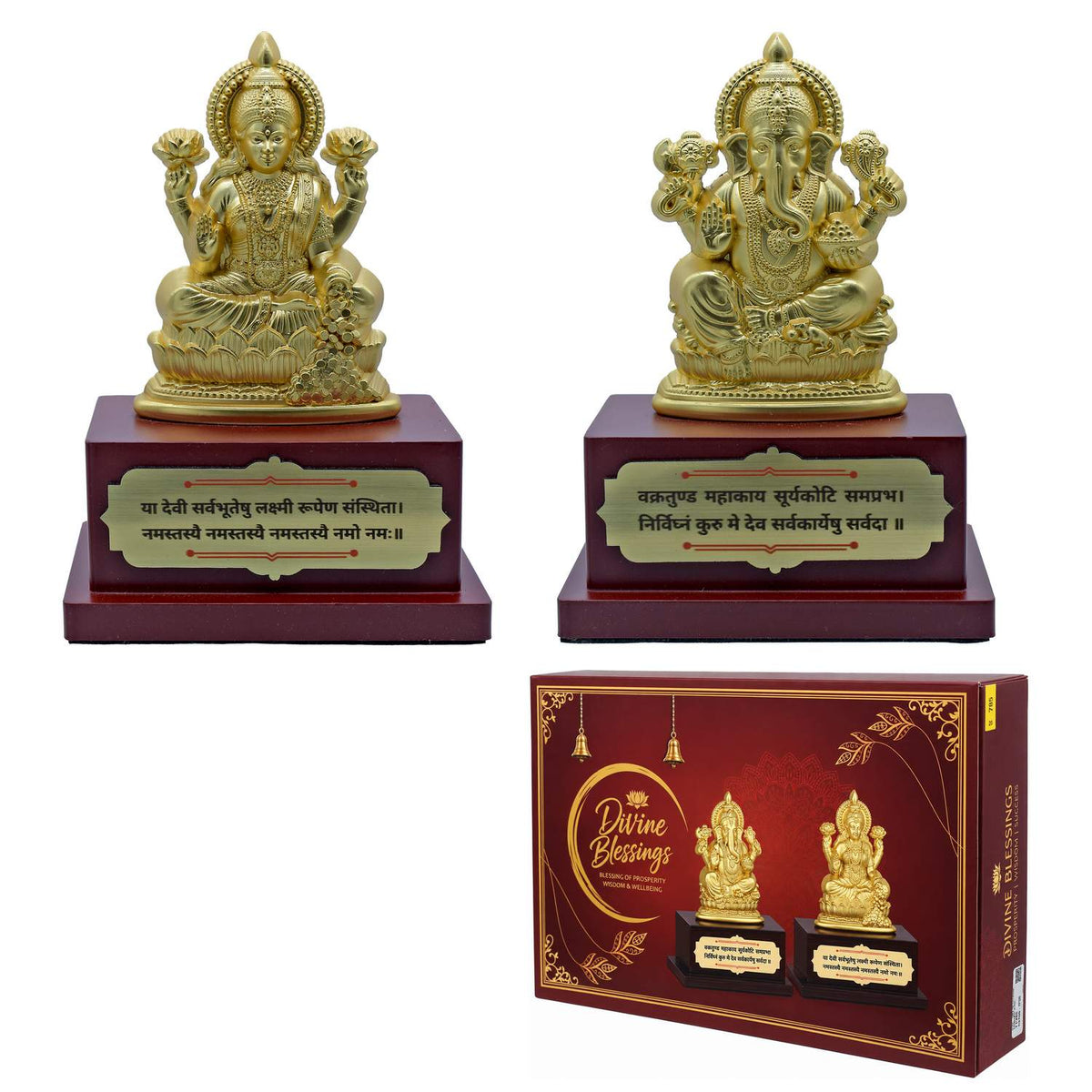 Table Top Gold Wooden Base Laxmi Ji With Ganesh