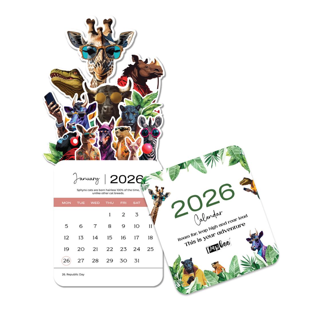 Papboo 2026 Animal Adventure Calendar | Mini Desk Calendar with Wooden Stand | Fun Safari Theme for Home & Office