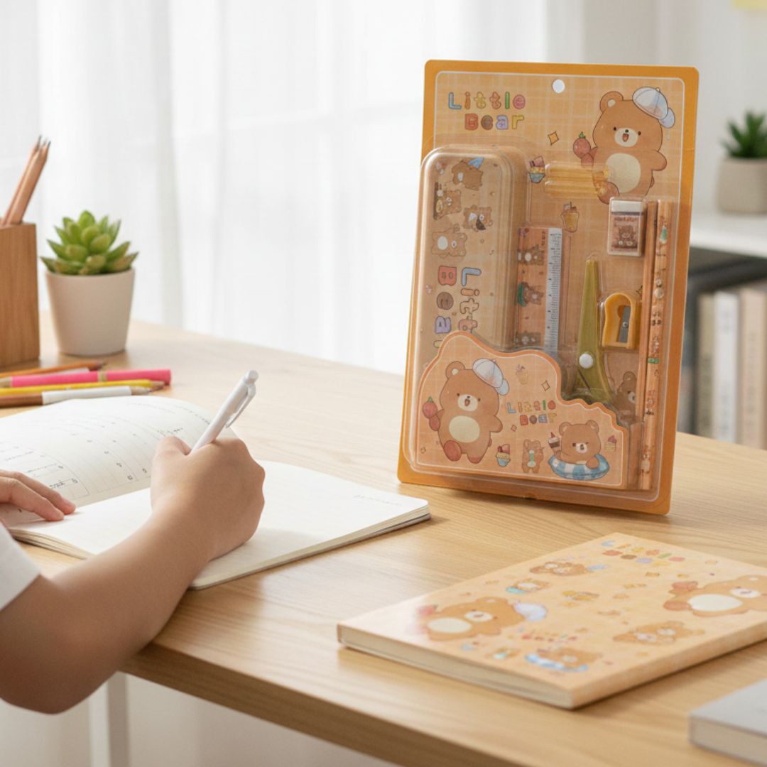 Cute Little Bear Stationery Set | Pencil Box, Ruler & Scissor Kit l Pack of 1