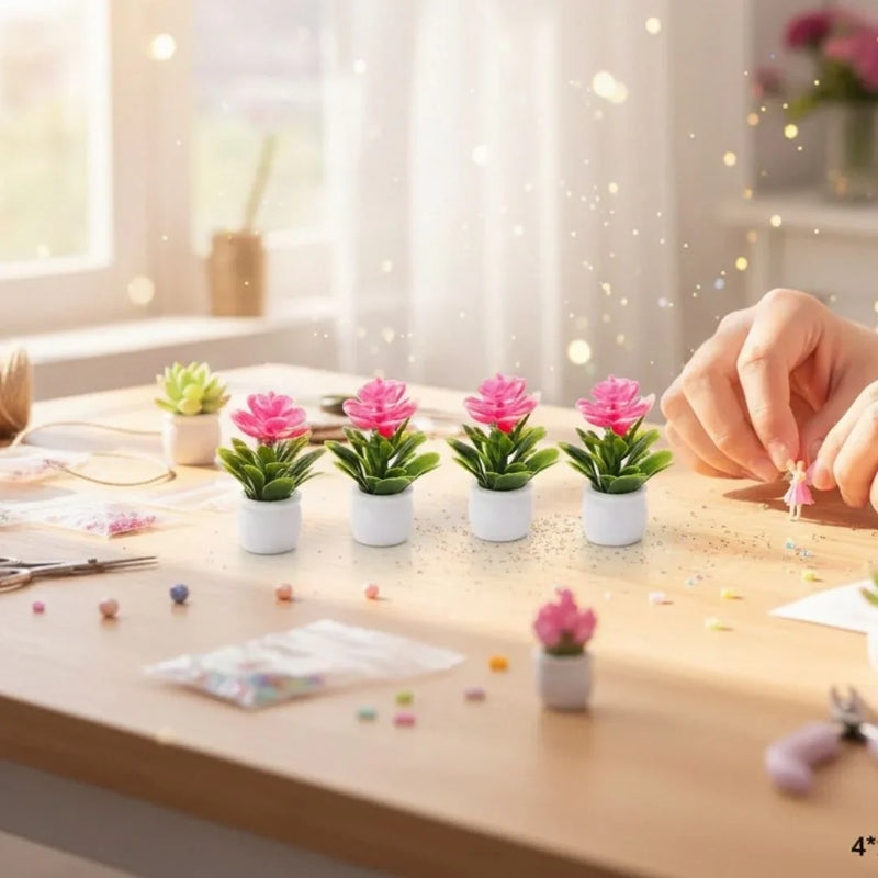 Miniature Pink Flowering Trees in Pots | Set of 4