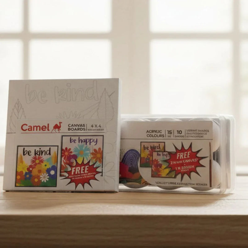 Camel Acrylic Colours Set 10 Shades | Free 2 Canvas Boards & Brush