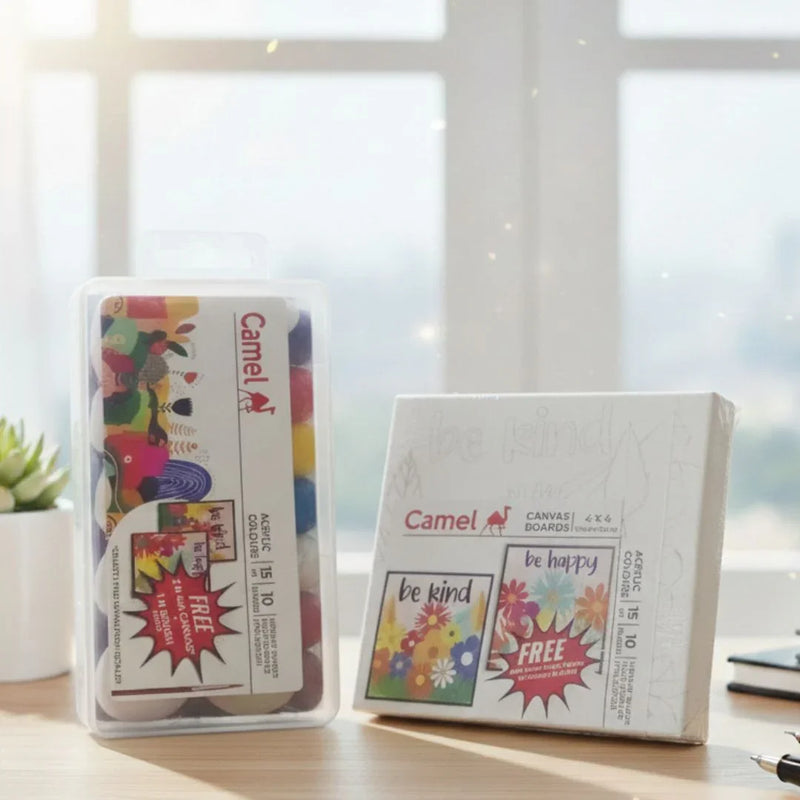 Camel Acrylic Colours Set 10 Shades | Free 2 Canvas Boards & Brush