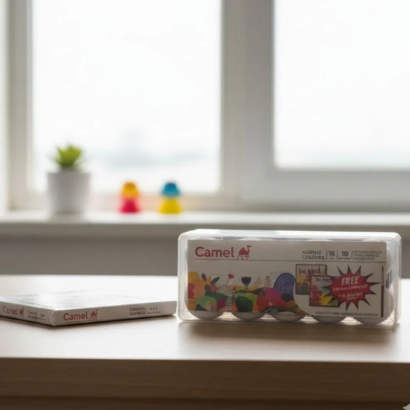 Camel Acrylic Colours Set 10 Shades | Free 2 Canvas Boards & Brush