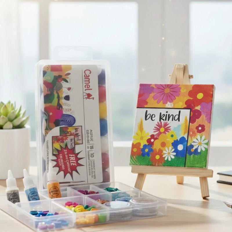 Camel Acrylic Colours Set 10 Shades | Free 2 Canvas Boards & Brush