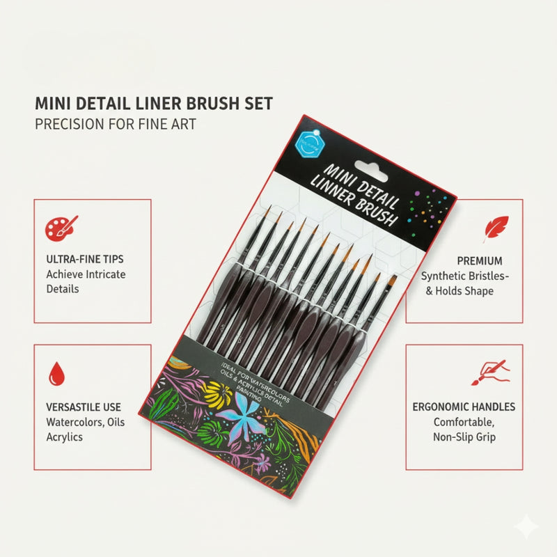 Thin and Fin Tip Paint Brush Set, Mini Detail Linner Brush, Ideal for Acrylics, Watercolor & Oil (12Pc)