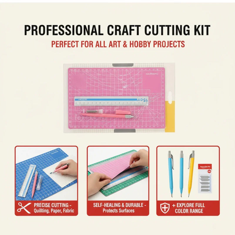 Essential Craft Tools Combo Kit: A5 Cutting Mat, Precision Knife & Steel Ruler