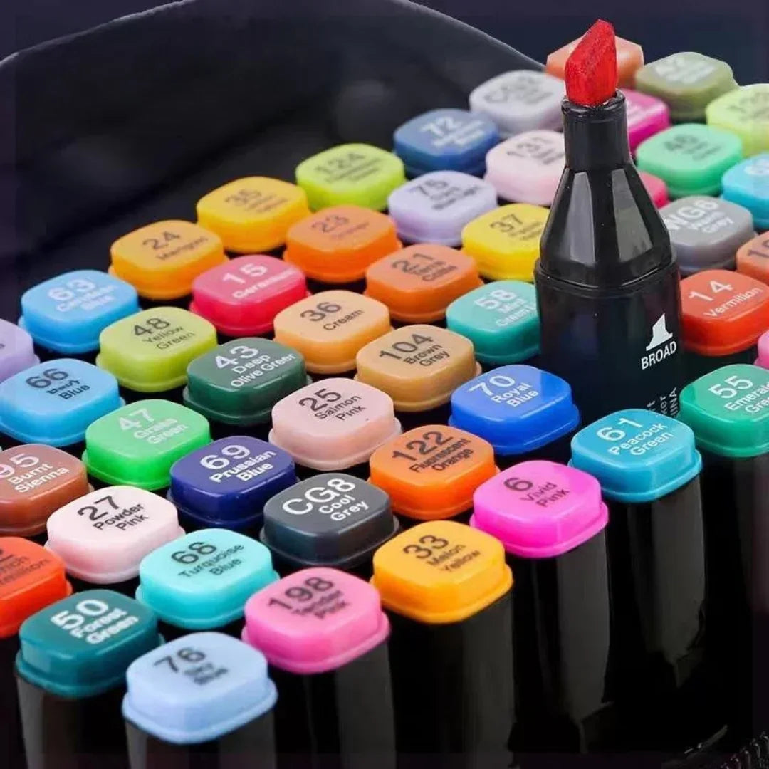 Professional Alcohol Dual-Tip Markers - 204 Vibrant Colors in Black Pouch