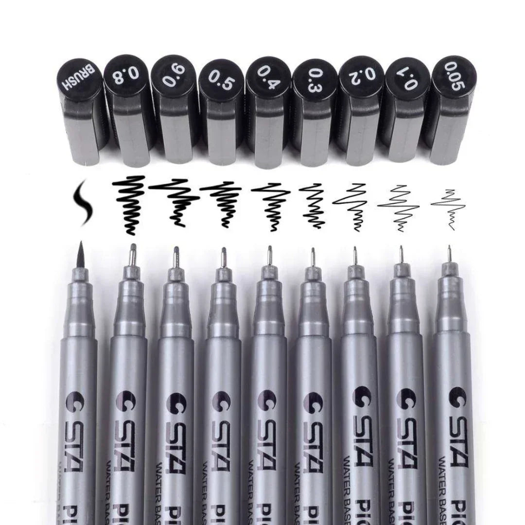 A set of precision pigment liner pens with black ink, displayed alongside a drawing of a flower on paper. The pens have precision tips, ergonomic grips, and are smudge-proof, waterproof, and fade-resistant.