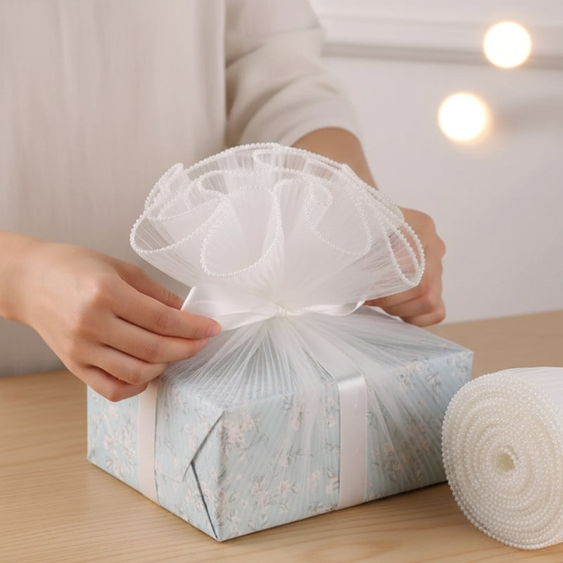 Premium White Wrapping Paper Net Wrinkled with Pearl 64 cm long