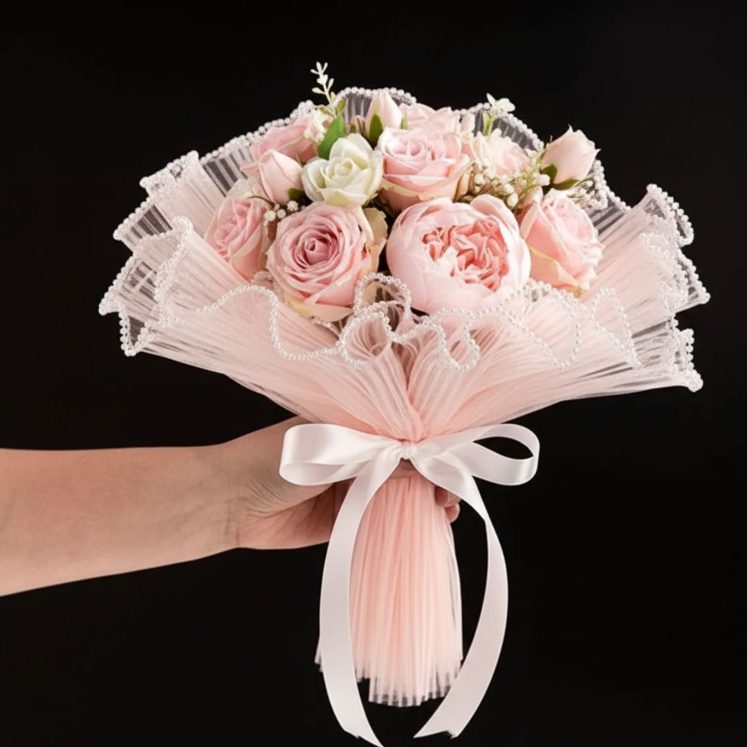 Premium Peach Wrinkled Net Wrapping Paper with Pearl | 64cm Gift Wrapper