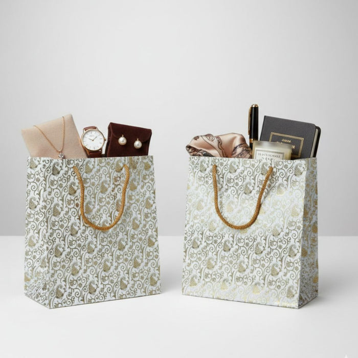 Paper Bags for Gold desing & white bag, Gift bag ,Small Presents, Weddings, Birthday, Holiday Presents, (20cmx20cm) Pack of 1