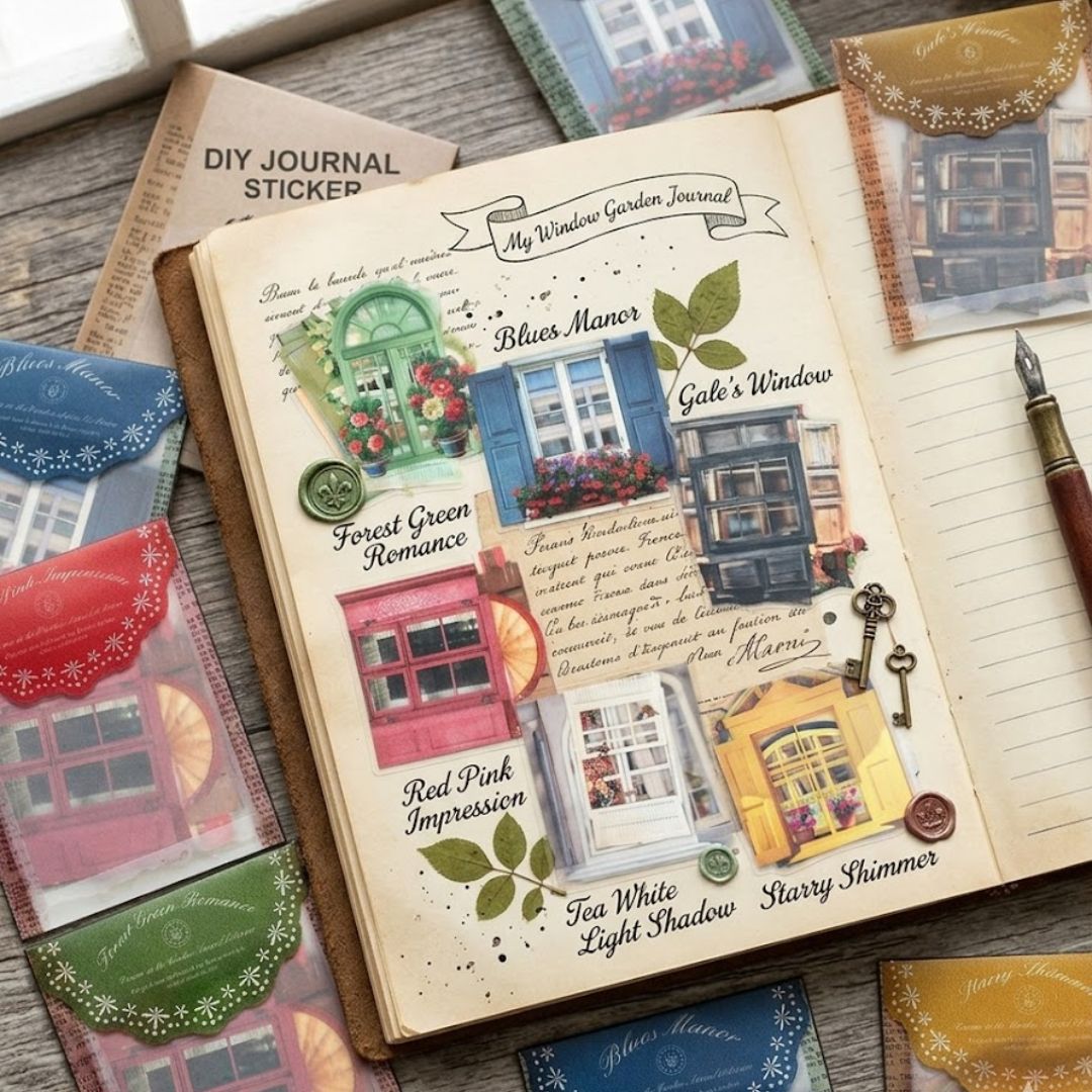 Vintage Window Journal Stickers (10 PCS) – Scrapbook & Diary Decor | Pack of 1