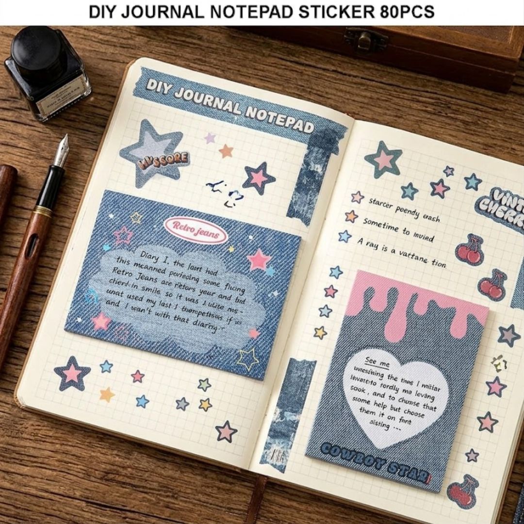 Denim Style Journal Notepad Stickers – 80PCS Aesthetic Scrapbook Sticky Notes |Pack of 1