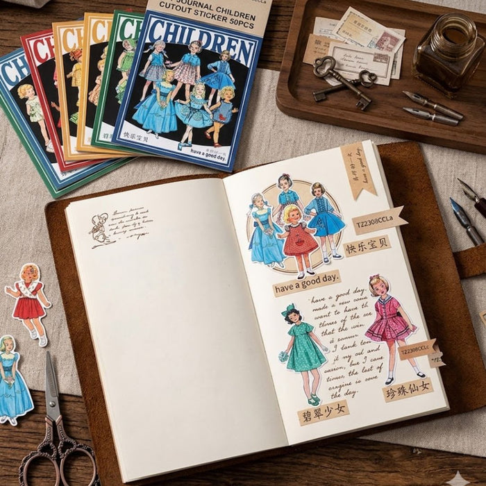 Vintage Children Cutout Stickers – Retro Doll DIY Journal & Scrapbook (50 PCS)