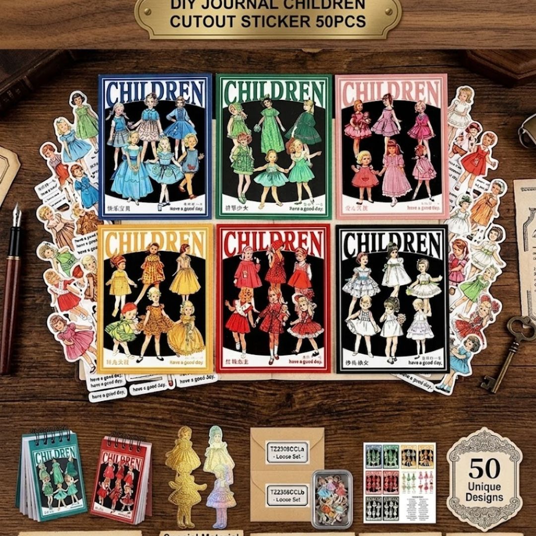 Vintage Children Cutout Stickers – Retro Doll DIY Journal & Scrapbook (50 PCS)