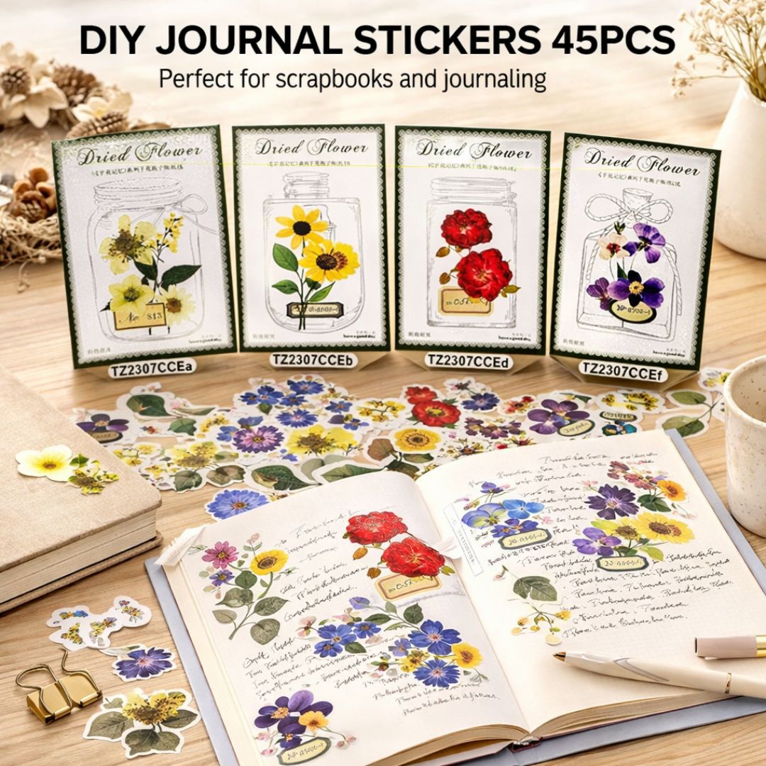 Vintage Dried Flower Stickers – Aesthetic DIY Journal & Scrapbook Decor (45 PCS) | Pack of 1