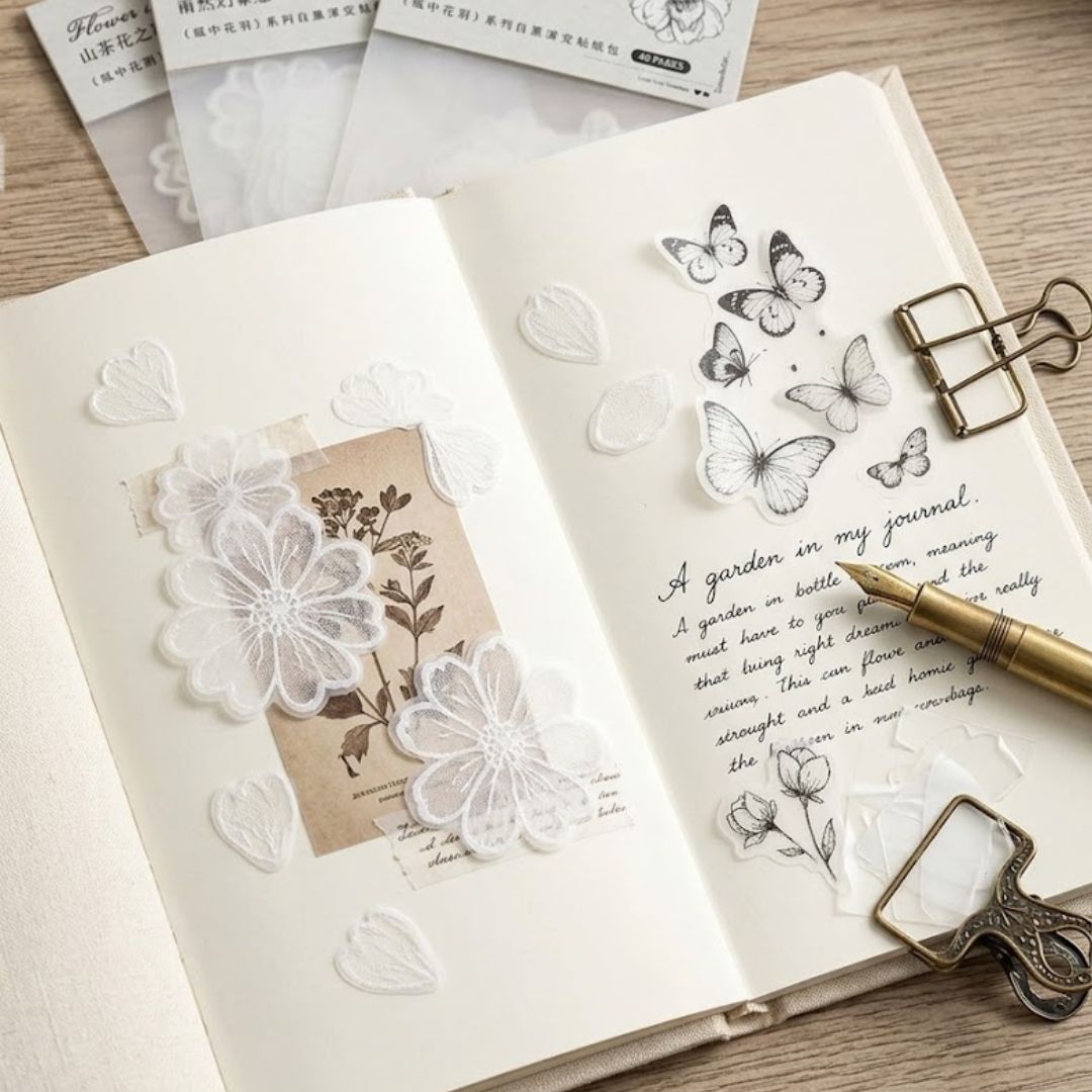 Minimal White Floral Stickers – Transparent Scrapbooking & Journal Pack | Pack of 1