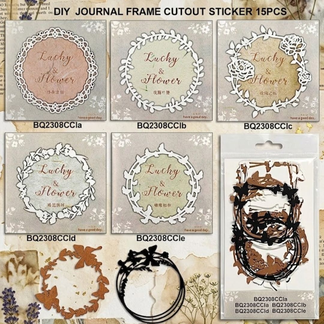 Vintage Floral Frame Stickers – DIY Journal & Scrapbook Cutout Decor (15 PCS) | Pack of 1