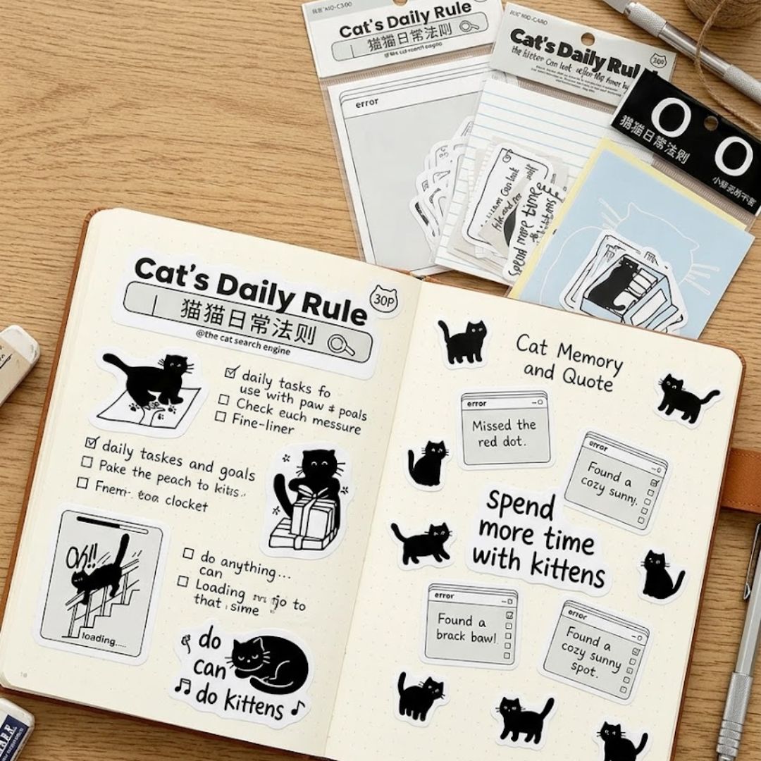 Minimalist Cat Sticker Pack – Black & White Aesthetic (30 PCS) | Pack of 1