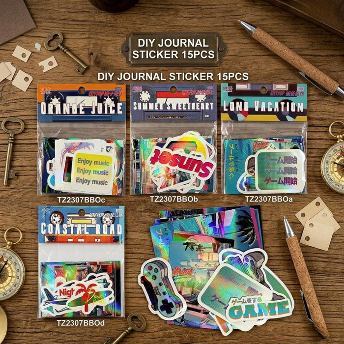 Retro Holographic Stickers – Aesthetic DIY Journal & Scrapbook Pack (15 PCS) | Pack of 1