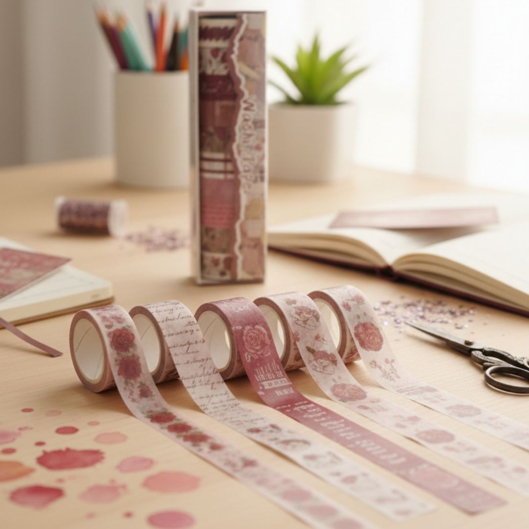 Maroon floral Retro Washi Tape Pack for Journaling l Pack of 1 Contains 10 washi tapes