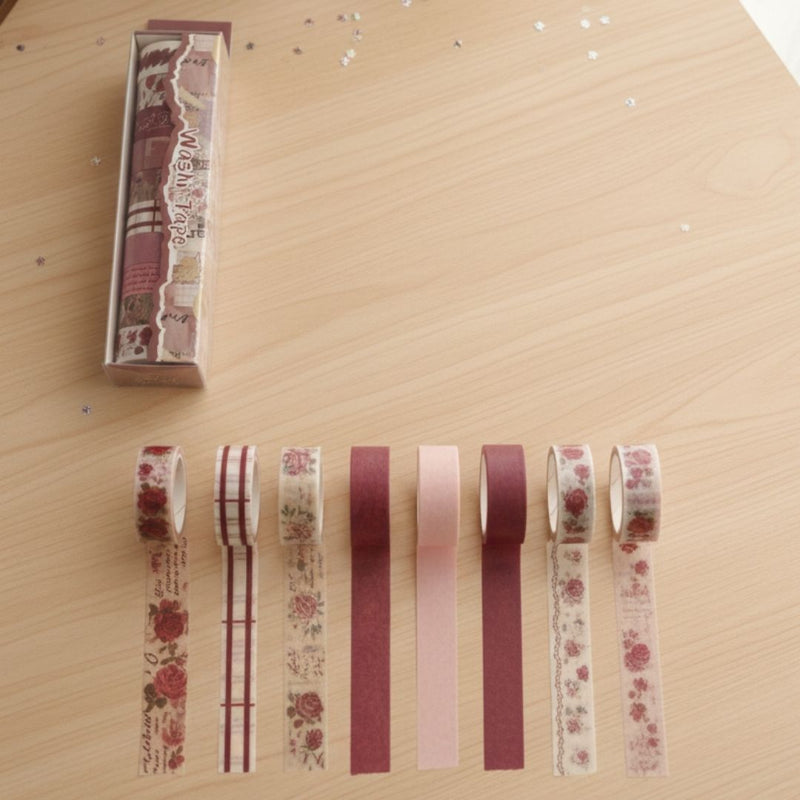 Maroon floral Retro Washi Tape Pack for Journaling l Pack of 1 Contains 10 washi tapes