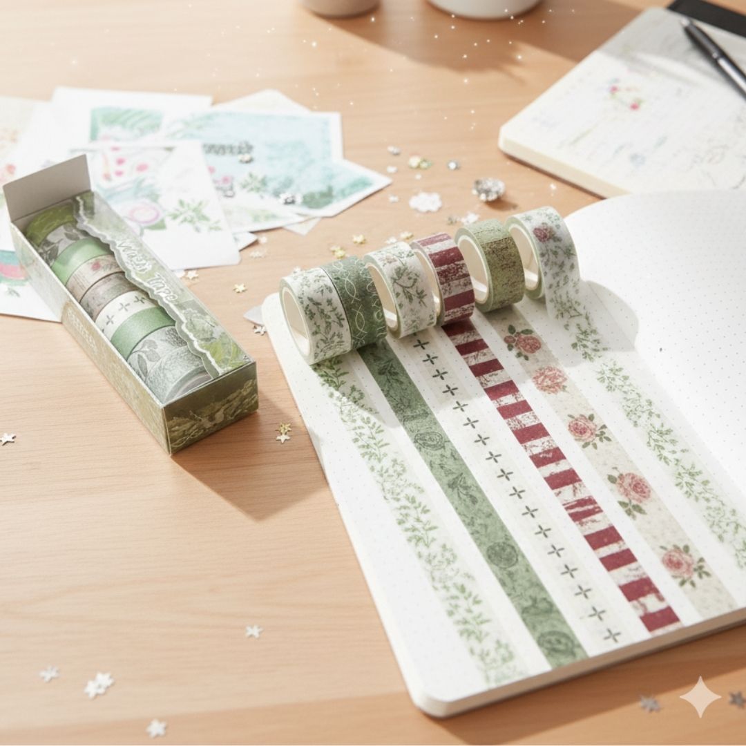Green Washi Tape Aesthetic | 10 Tapes for(pack of 1) Scrapbook & Planner